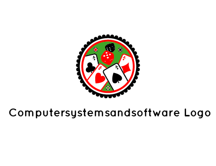 aces of cards, poker or casino chips and dice inside circular gambling logo
