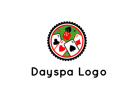 aces of cards, poker or casino chips and dice inside circular gambling logo