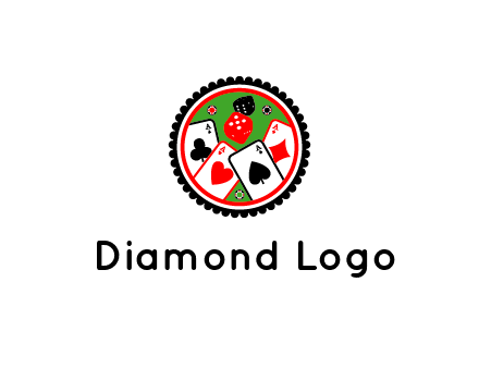 aces of cards, poker or casino chips and dice inside circular gambling logo