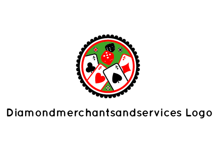 aces of cards, poker or casino chips and dice inside circular gambling logo