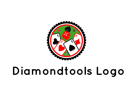aces of cards, poker or casino chips and dice inside circular gambling logo