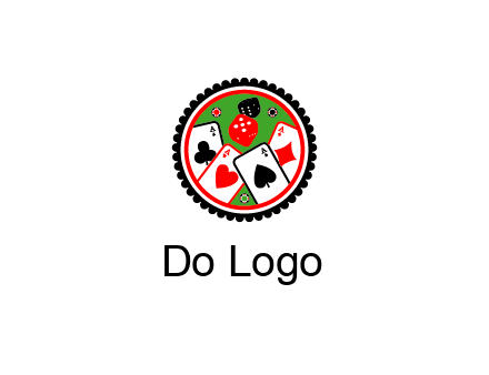 aces of cards, poker or casino chips and dice inside circular gambling logo