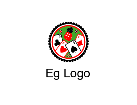 aces of cards, poker or casino chips and dice inside circular gambling logo