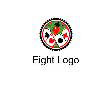 aces of cards, poker or casino chips and dice inside circular gambling logo