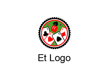 aces of cards, poker or casino chips and dice inside circular gambling logo