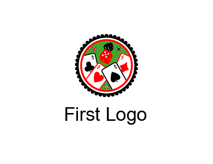 aces of cards, poker or casino chips and dice inside circular gambling logo