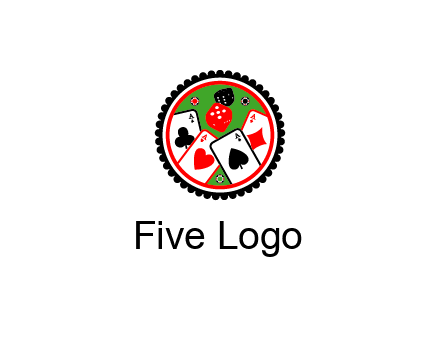 aces of cards, poker or casino chips and dice inside circular gambling logo