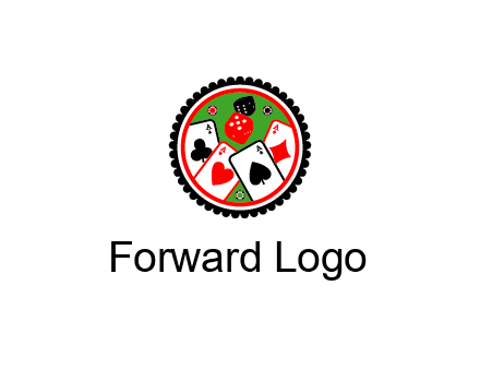 aces of cards, poker or casino chips and dice inside circular gambling logo