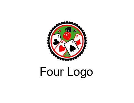 aces of cards, poker or casino chips and dice inside circular gambling logo