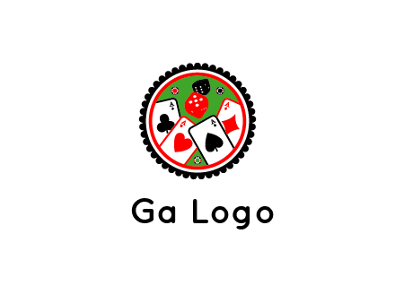 aces of cards, poker or casino chips and dice inside circular gambling logo