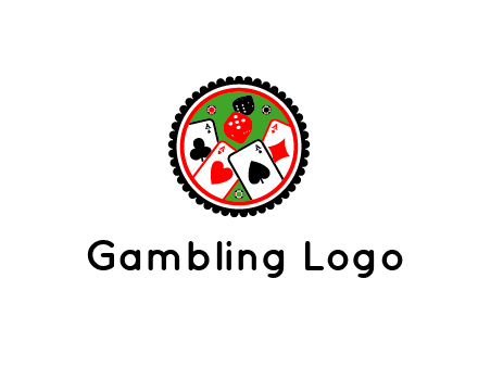 aces of cards, poker or casino chips and dice inside circular gambling logo