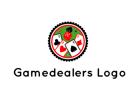 aces of cards, poker or casino chips and dice inside circular gambling logo