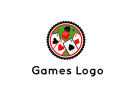 aces of cards, poker or casino chips and dice inside circular gambling logo