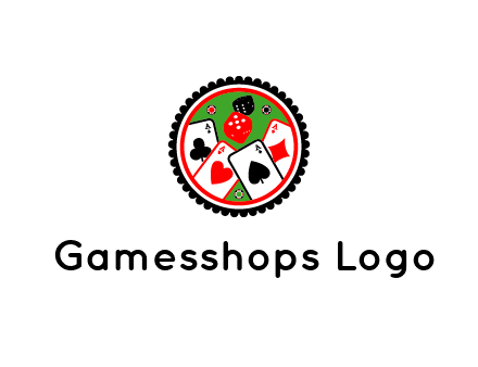 aces of cards, poker or casino chips and dice inside circular gambling logo
