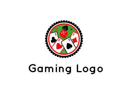 aces of cards, poker or casino chips and dice inside circular gambling logo