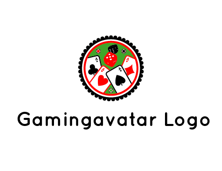 aces of cards, poker or casino chips and dice inside circular gambling logo