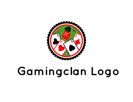 aces of cards, poker or casino chips and dice inside circular gambling logo