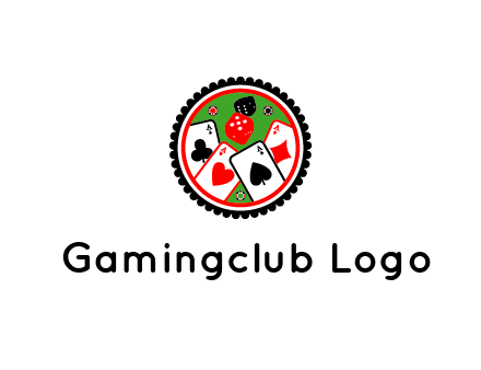 aces of cards, poker or casino chips and dice inside circular gambling logo