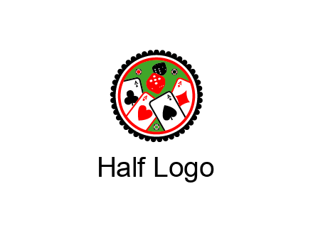 aces of cards, poker or casino chips and dice inside circular gambling logo