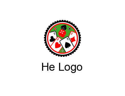aces of cards, poker or casino chips and dice inside circular gambling logo