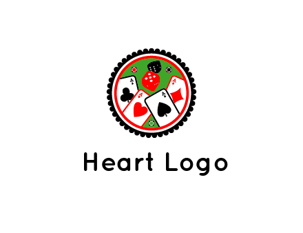 aces of cards, poker or casino chips and dice inside circular gambling logo