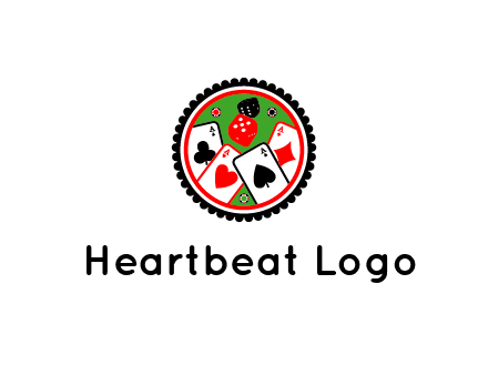 aces of cards, poker or casino chips and dice inside circular gambling logo