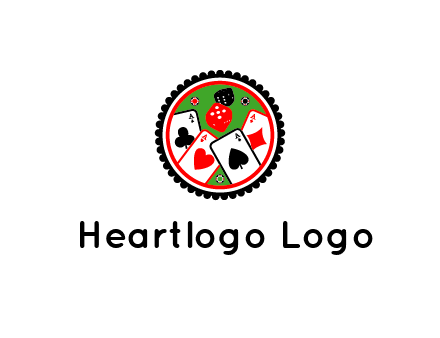 aces of cards, poker or casino chips and dice inside circular gambling logo