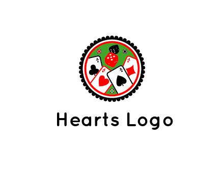 aces of cards, poker or casino chips and dice inside circular gambling logo