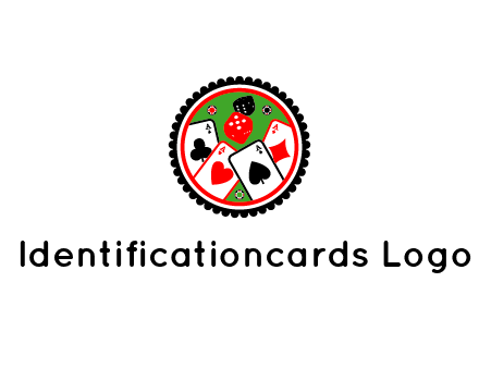 aces of cards, poker or casino chips and dice inside circular gambling logo