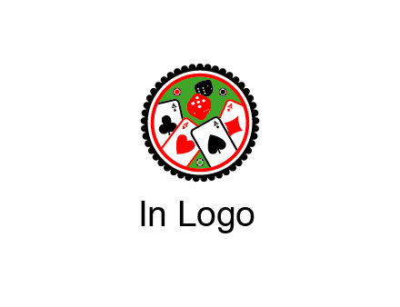 aces of cards, poker or casino chips and dice inside circular gambling logo