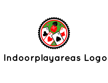 aces of cards, poker or casino chips and dice inside circular gambling logo