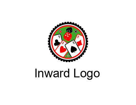 aces of cards, poker or casino chips and dice inside circular gambling logo