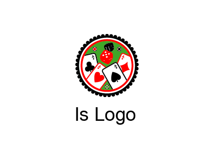 aces of cards, poker or casino chips and dice inside circular gambling logo