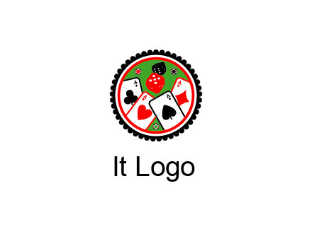 aces of cards, poker or casino chips and dice inside circular gambling logo