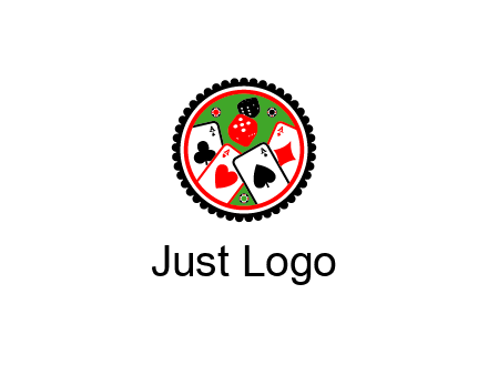 aces of cards, poker or casino chips and dice inside circular gambling logo