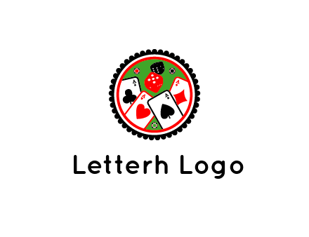 aces of cards, poker or casino chips and dice inside circular gambling logo