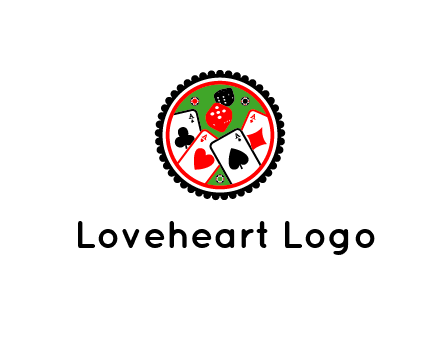 aces of cards, poker or casino chips and dice inside circular gambling logo