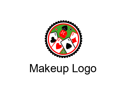 aces of cards, poker or casino chips and dice inside circular gambling logo