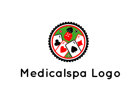 aces of cards, poker or casino chips and dice inside circular gambling logo