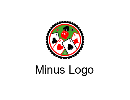 aces of cards, poker or casino chips and dice inside circular gambling logo