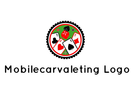 aces of cards, poker or casino chips and dice inside circular gambling logo