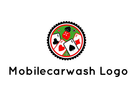 aces of cards, poker or casino chips and dice inside circular gambling logo