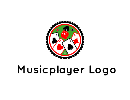 aces of cards, poker or casino chips and dice inside circular gambling logo