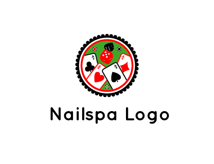 aces of cards, poker or casino chips and dice inside circular gambling logo