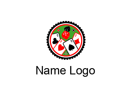aces of cards, poker or casino chips and dice inside circular gambling logo