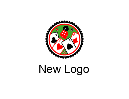 aces of cards, poker or casino chips and dice inside circular gambling logo