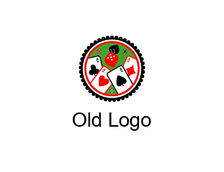 aces of cards, poker or casino chips and dice inside circular gambling logo
