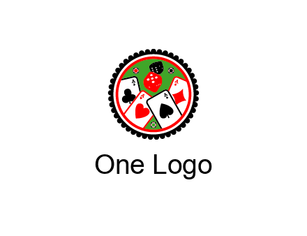 aces of cards, poker or casino chips and dice inside circular gambling logo
