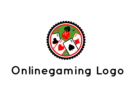 aces of cards, poker or casino chips and dice inside circular gambling logo
