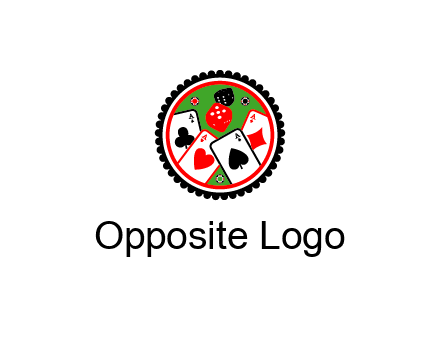 aces of cards, poker or casino chips and dice inside circular gambling logo